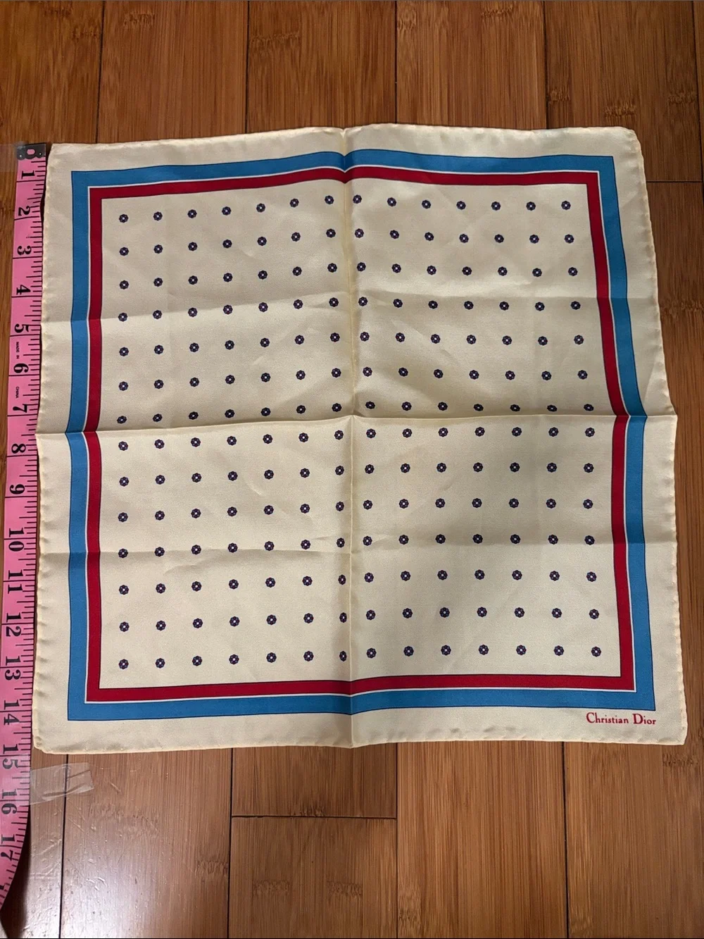 Dior Vintage Cream Silk Pocket Square with Blue and Red Border 15” X 15”